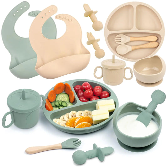 Silicone Baby Feeding Set 18PCS Baby Led Weaning Supplies Includes Baby Suction Bowls and Plates Silicone Baby Bibs Silicone Baby Cup Silicone Baby Spoons and Forks (Beige & Olive-green)